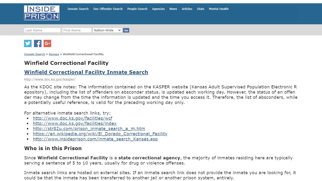 Winfield Correctional Facility - Kansas - Inmate Search - Inside Prison